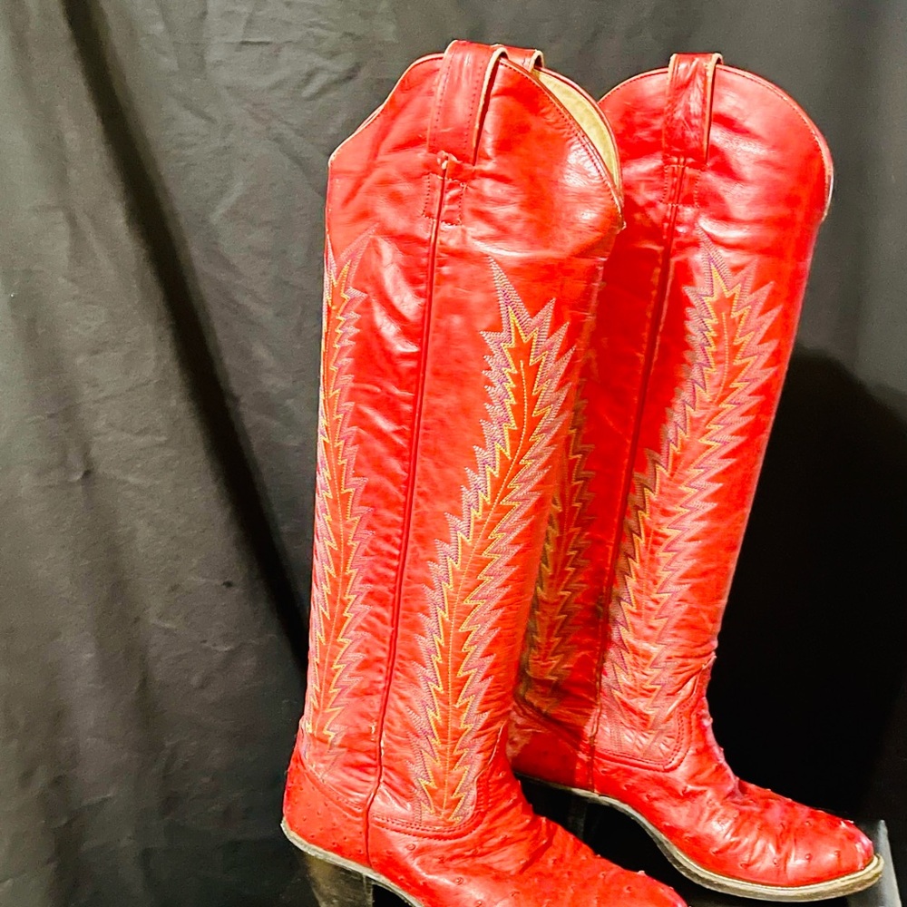 LARRY MAHAN TALL Red Leather and full quill ostrich/leather Women’s Cowboy Boots